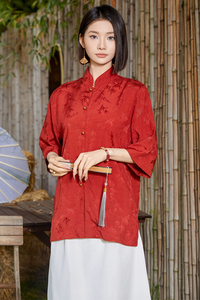 风薄款透气提花休闲铜扣中式复古立领衬衫A321-1-C652-P70图片