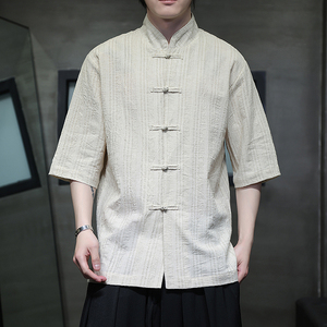 风衬衫男夏季大码中式棉麻衬衣唐装上衣汉服A321-1-C657-P70,中式服装搭配裙子图片