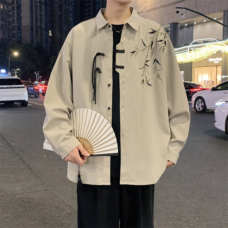 新中式长袖衬衫男春秋季潮刺绣盘扣设计感衬衣A321-C6277-P50,男装衬衫,电商A321-1（原钱塘6020）