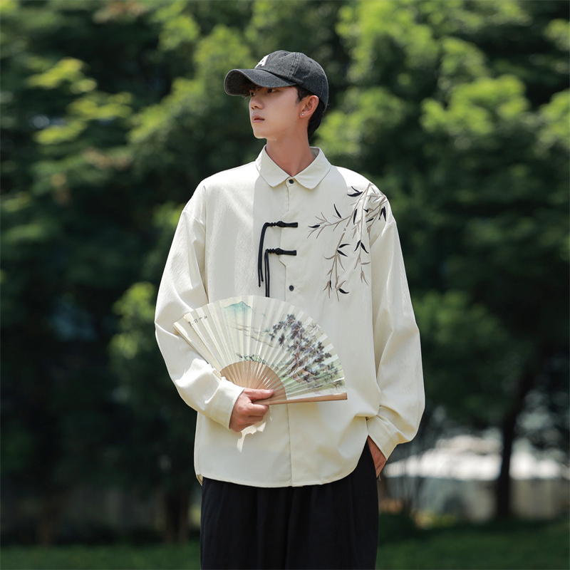 新中式长袖衬衫男春秋季潮刺绣盘扣设计感衬衣A321-C6277-P50，男装衬衫，电商A321-1（原钱塘6020）