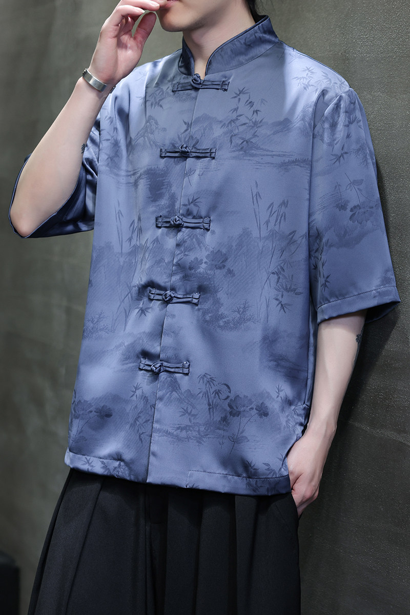 风冰丝短袖水墨印花中式休闲唐装大码衬衫A321-1-C662-P70,男装衬衫,电商A321-1（原钱塘6020）
