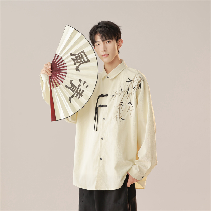 新中式长袖衬衫男春秋季潮刺绣盘扣设计感衬衣A321-C6277-P50，男装衬衫，电商A321-1（原钱塘6020）
