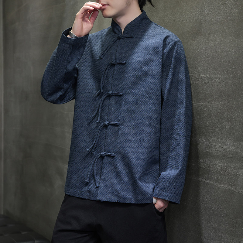 唐装春夏风古风棉麻汉服盘扣亚麻长袖衬衫A321-1-C633-P75,男装衬衫,电商A321-1（原钱塘6020）