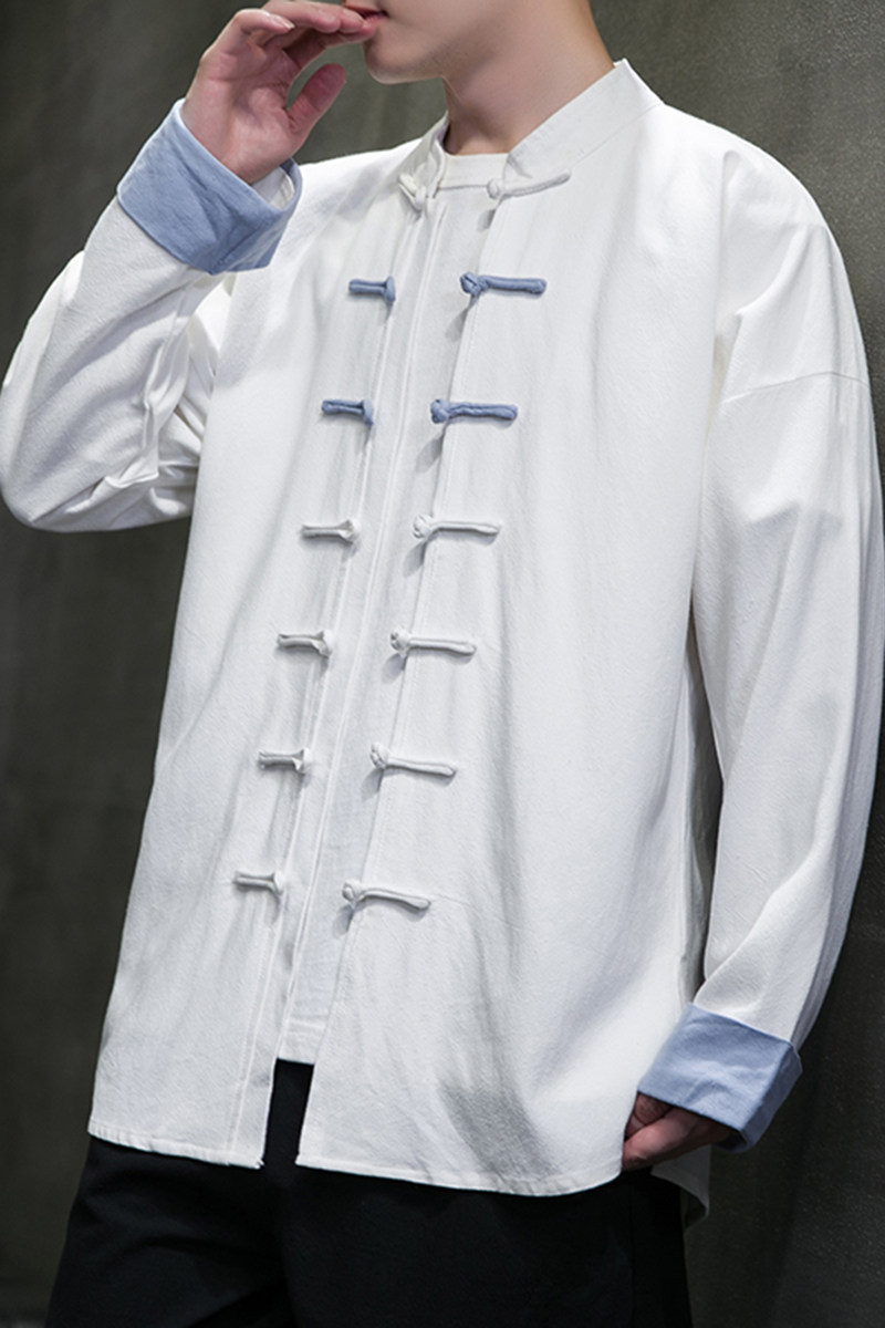 春秋中式复古太极服汉服风拼接亚麻棉麻衬衫A321-1-C631-P70,男装衬衫,电商A321-1（原钱塘6020）