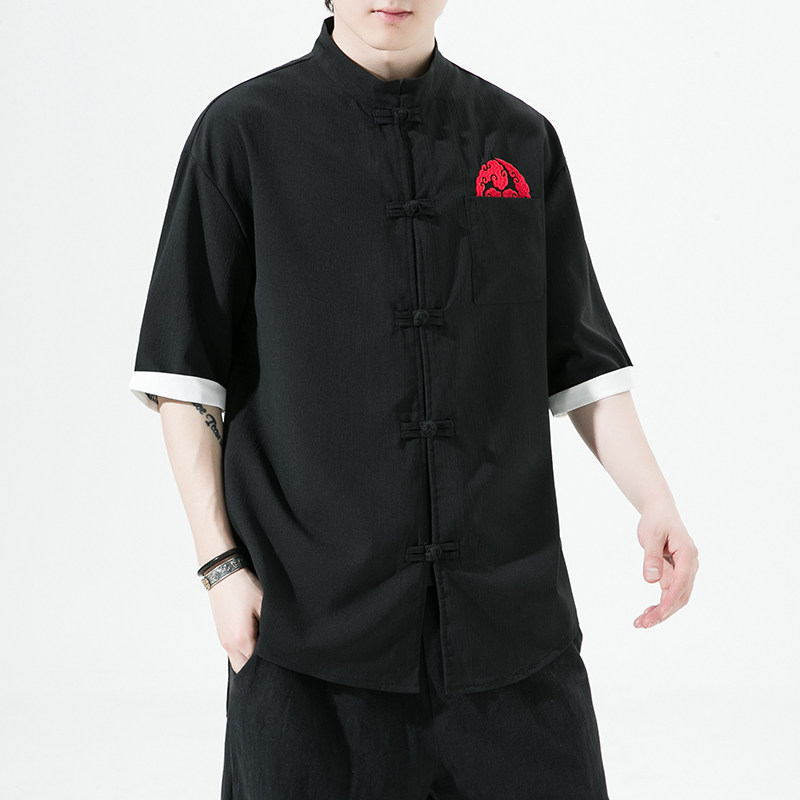 风夏季五分袖冰丝唐装大码刺绣短袖男装衬衫A321-1-C627-P50,男装衬衫,电商A321-1（原钱塘6020）