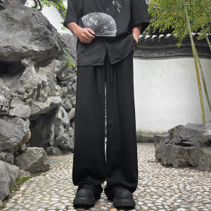 夏季新中式垂感长裤宽松阔腿风亚麻拖地裤A321-1-K938-P70图片