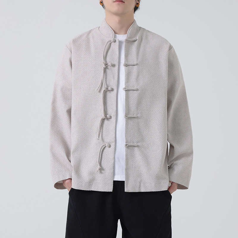 唐装春夏风古风棉麻汉服盘扣亚麻长袖衬衫A321-1-C633-P75,男装衬衫,电商A321-1（原钱塘6020）