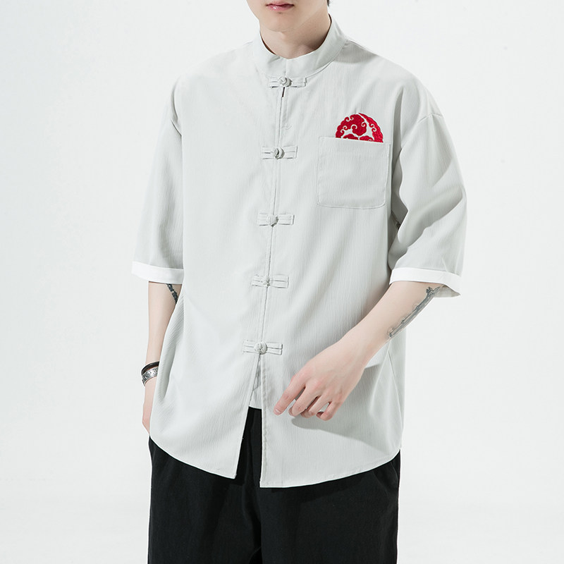 风夏季五分袖冰丝唐装大码刺绣短袖男装衬衫A321-1-C627-P50,男装衬衫,电商A321-1（原钱塘6020）