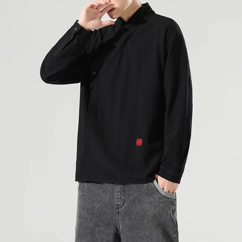 风男装亚麻长袖T恤唐装衬衣中式汉服佛系内搭A321-1-T821-P65,男装T恤,电商A321-1（原钱塘6020）