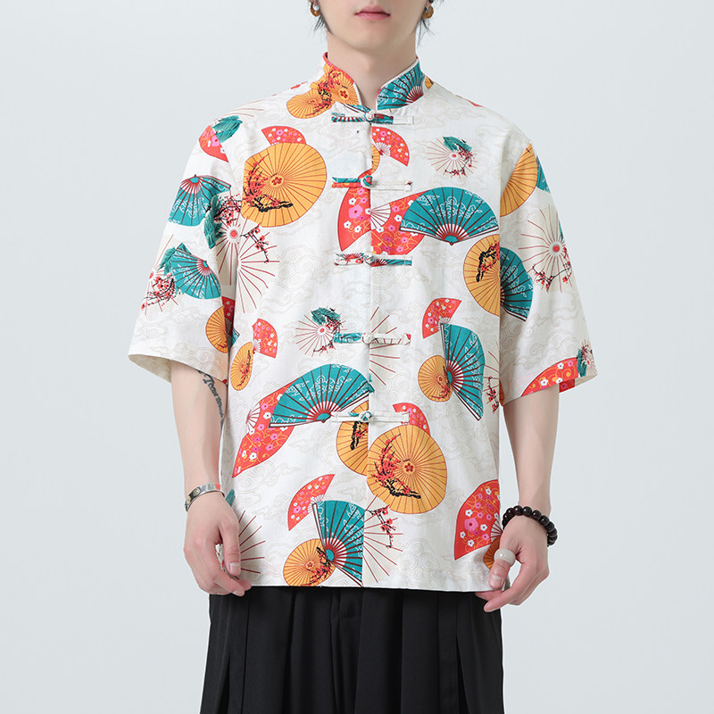 中式盘扣印花衬衫大码宽松风夏季休闲衬衣A321-C635-P60,男装衬衫,电商A321-1（原钱塘6020）