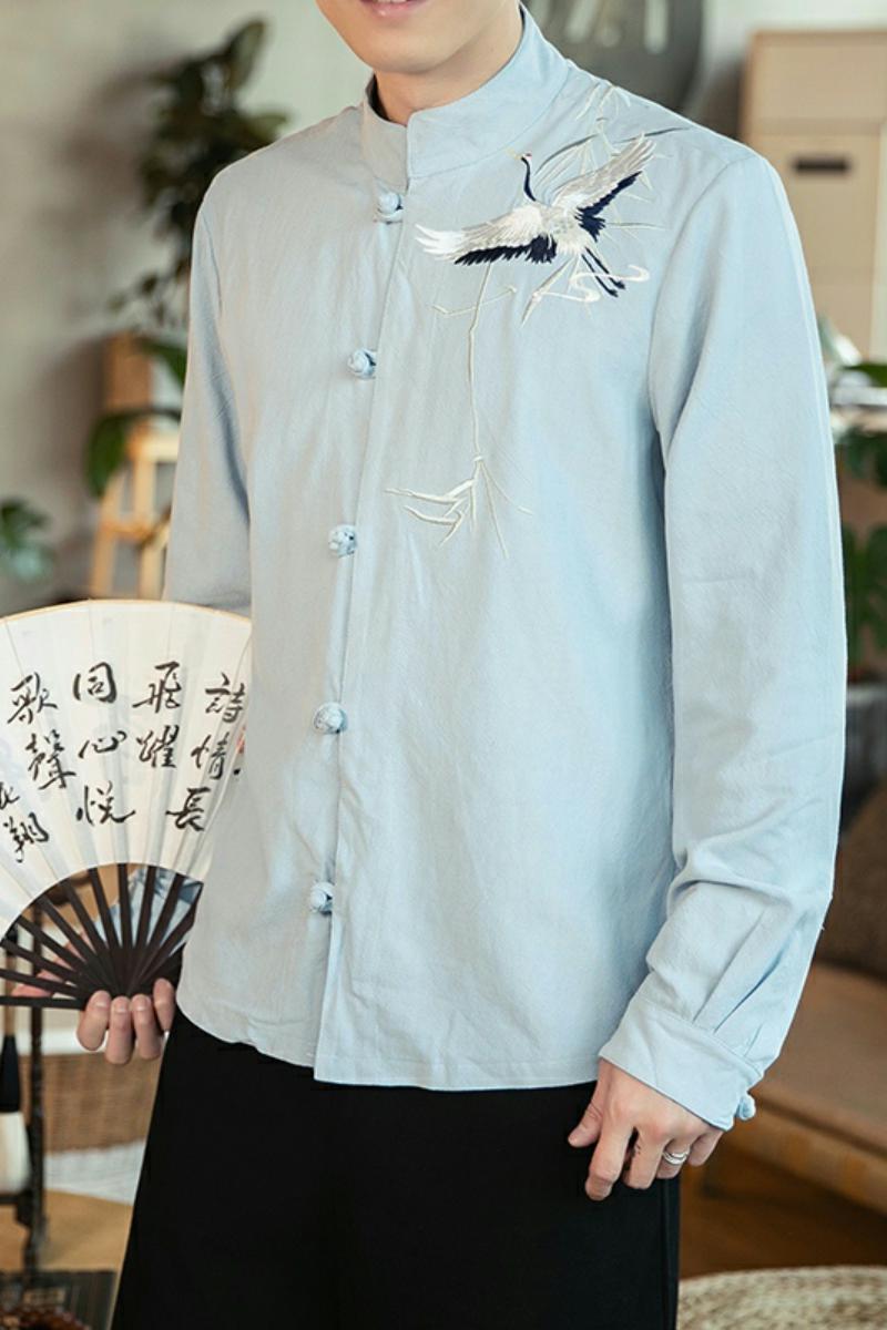 风男装刺绣亚麻长袖衬衫中式盘扣立领唐装A321-1-C626-P70,男装衬衫,电商A321-1（原钱塘6020）
