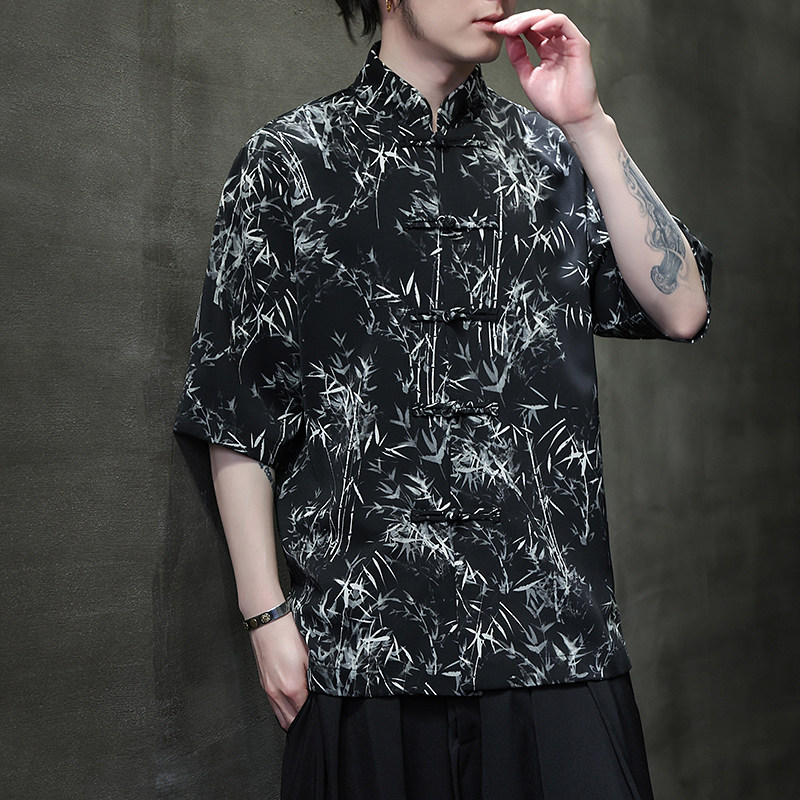 风夏季水墨印花薄款透气短袖新中式盘扣衬衫A321-C636-P50,男装衬衫,电商A321-1（原钱塘6020）
