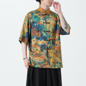 风男装短袖中式唐装大码冰丝印花盘扣衬衫A321-1-C660-P70图片