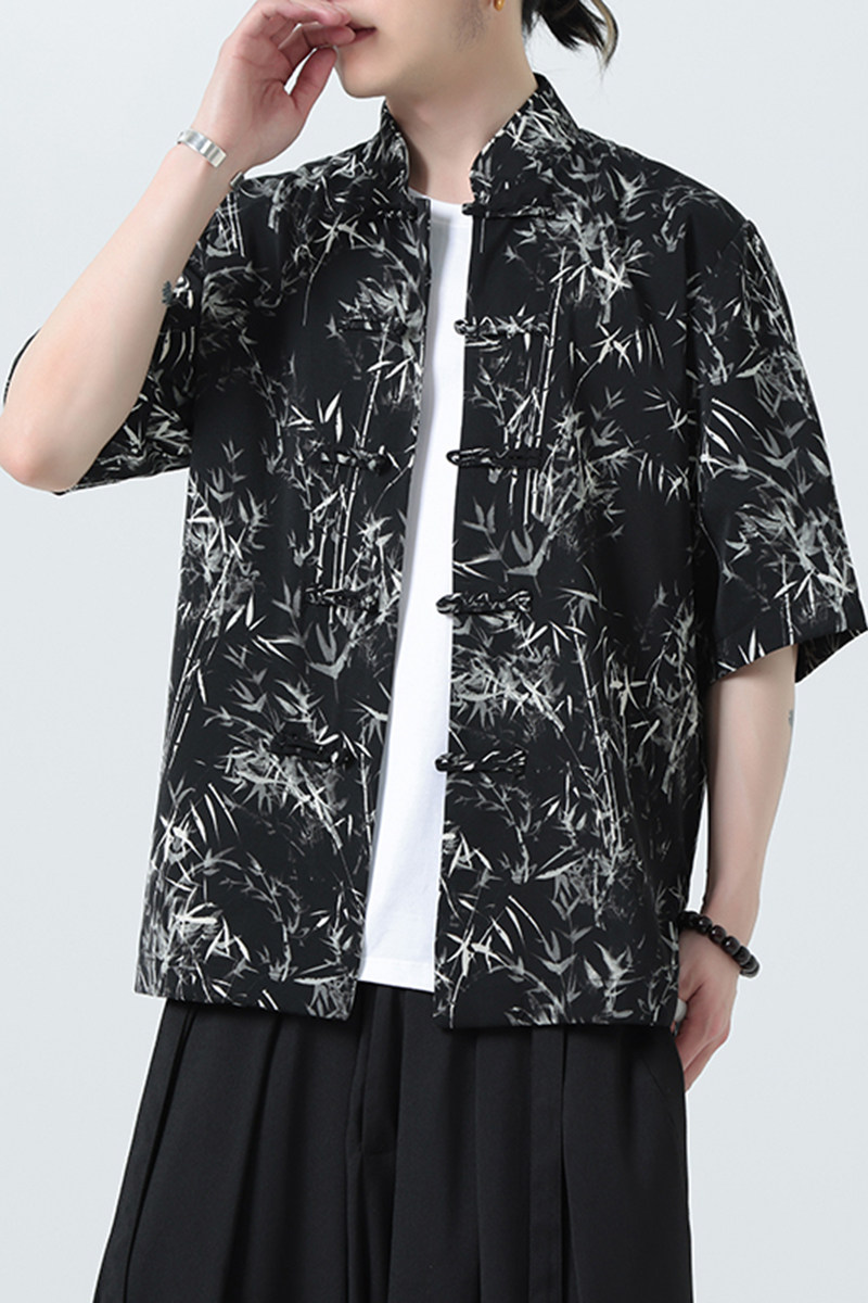 风夏季水墨印花薄款透气短袖新中式盘扣衬衫A321-C636-P50,男装衬衫,电商A321-1（原钱塘6020）