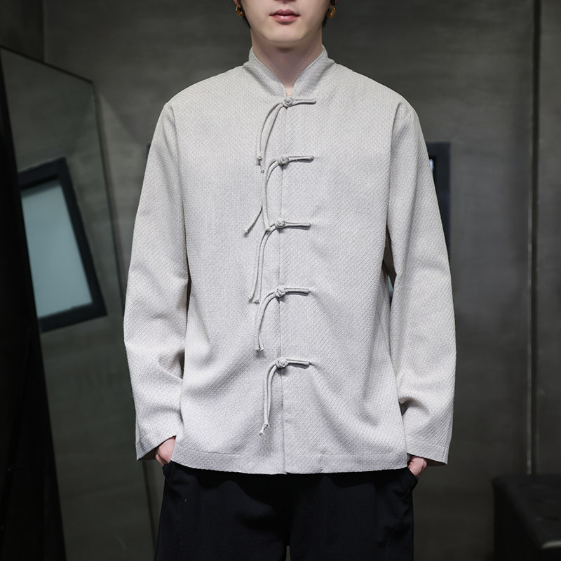 唐装春夏风古风棉麻汉服盘扣亚麻长袖衬衫A321-1-C633-P75,男装衬衫,电商A321-1（原钱塘6020）