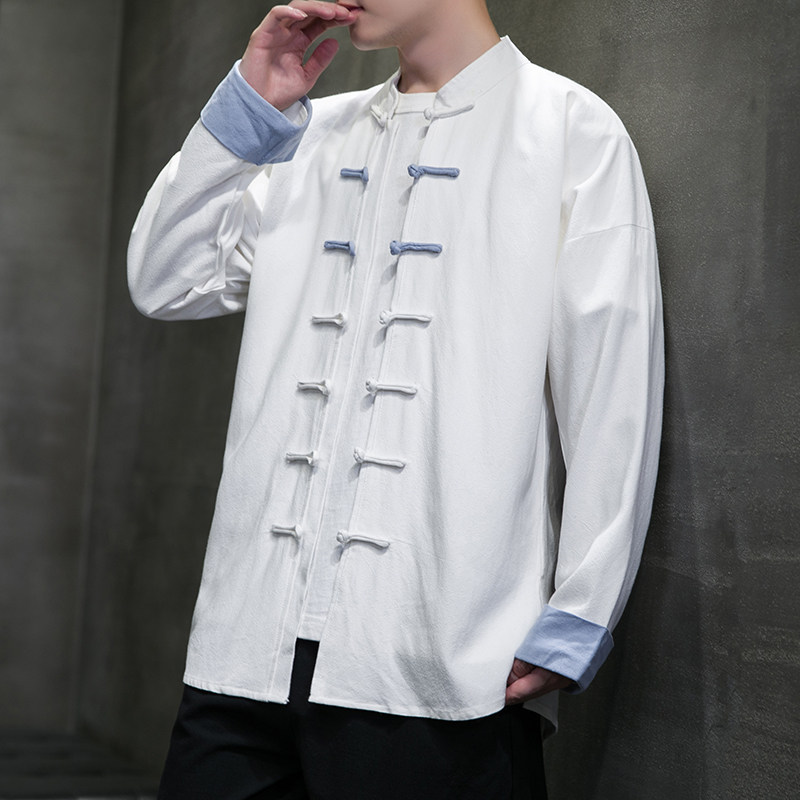 春秋中式复古太极服汉服风拼接亚麻棉麻衬衫A321-1-C631-P70图片
