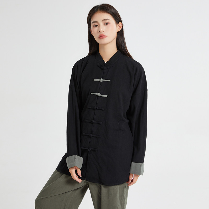 春秋中式复古太极服汉服风拼接亚麻棉麻衬衫A321-1-C631-P70,男装衬衫,电商A321-1（原钱塘6020）