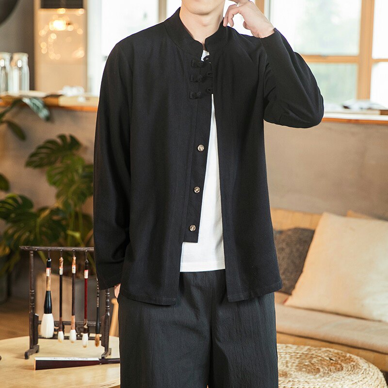 风男亚麻衬衫中式唐装长袖衬衣大码休闲上衣A321-1-C623-P65,男装衬衫,电商A321-1（原钱塘6020）