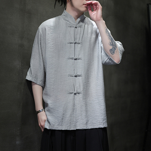 风唐装柳染亚麻短袖衬衫轻薄透气新中式汉服A321-1-C651-P75图片