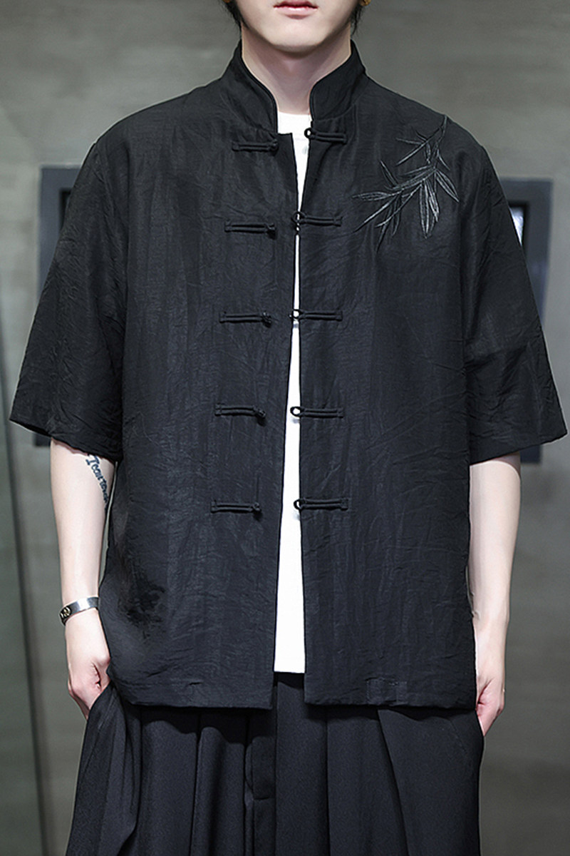 刺绣汉服风夏季轻薄亚麻短袖衬衫男新中式唐装A321-C650-P65,男装衬衫,电商A321-1（原钱塘6020）