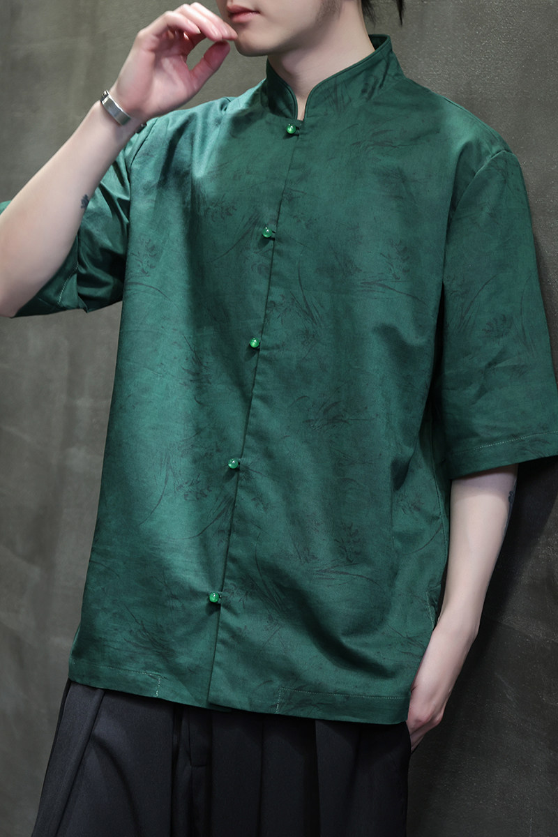 风夏季亚麻透气衬衫印花中式唐装汉服衬衣A321-1-C656-P75,男装衬衫,电商A321-1（原钱塘6020）