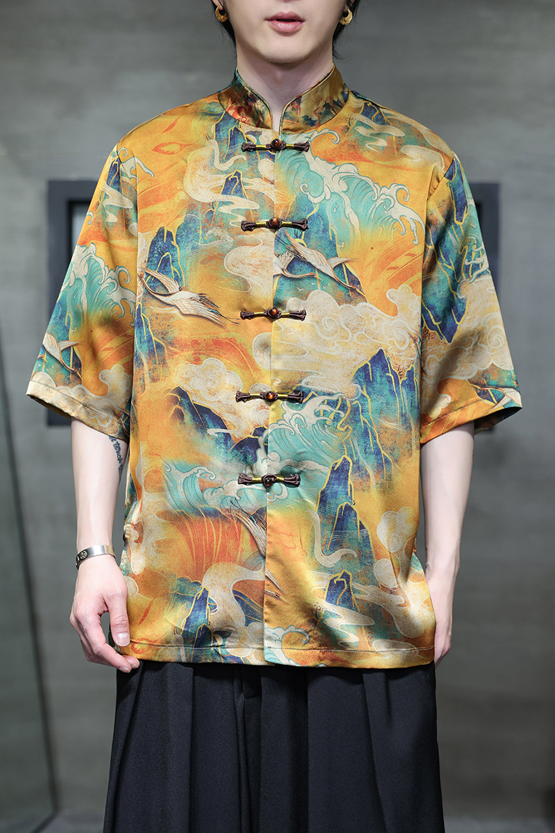 风男装短袖中式唐装大码冰丝印花盘扣衬衫A321-1-C660-P70,男装衬衫,电商A321-1（原钱塘6020）
