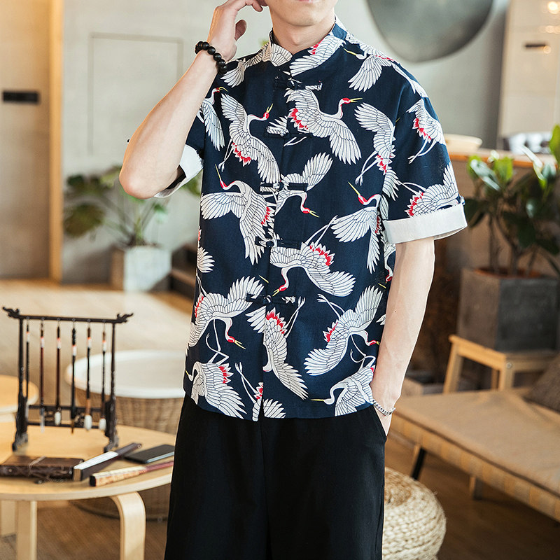 风印花短袖衬衫男装上衣复古风唐装A321-1-C610-P50，男装衬衫，电商A321-1（原钱塘6020）