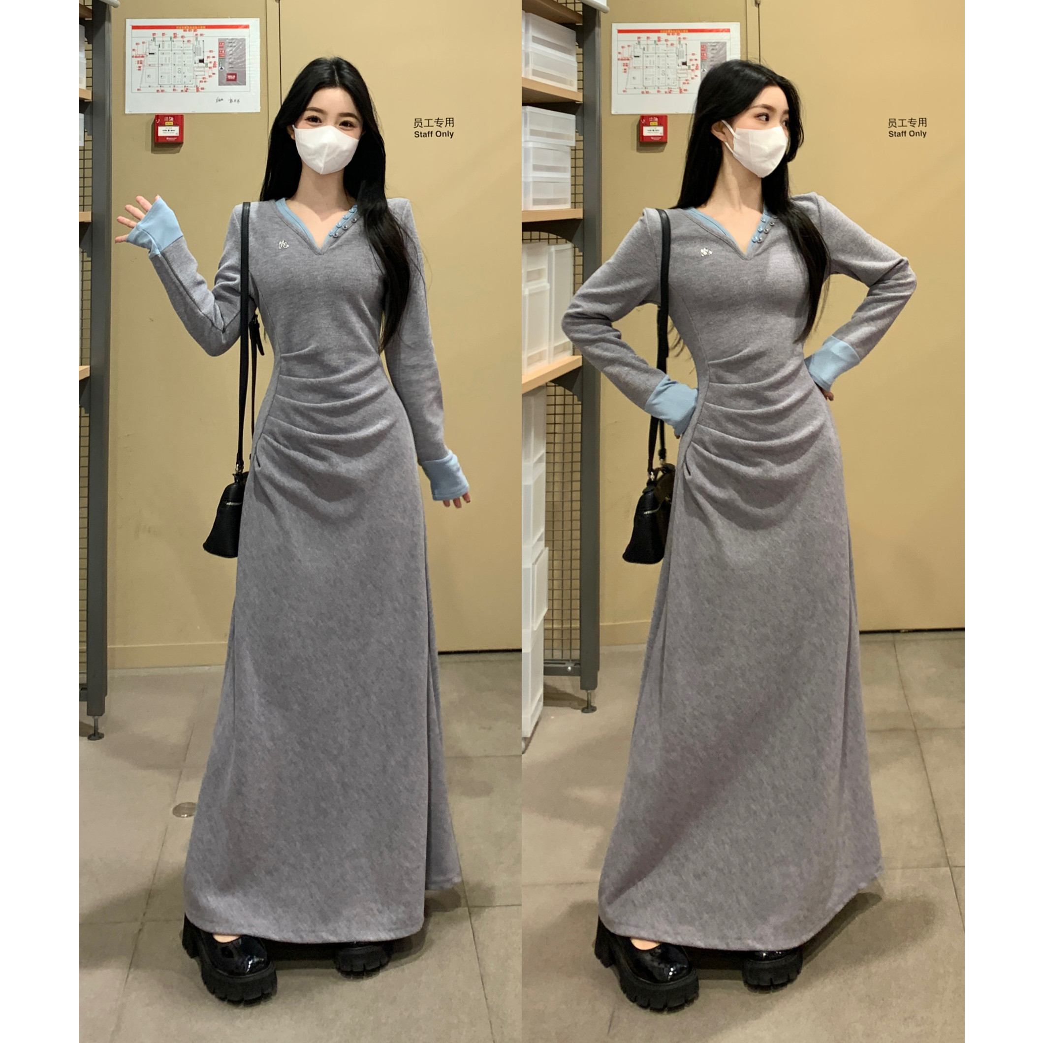 实拍 现货大码女装春装新款高级感假两件拼接连衣裙气质裙子