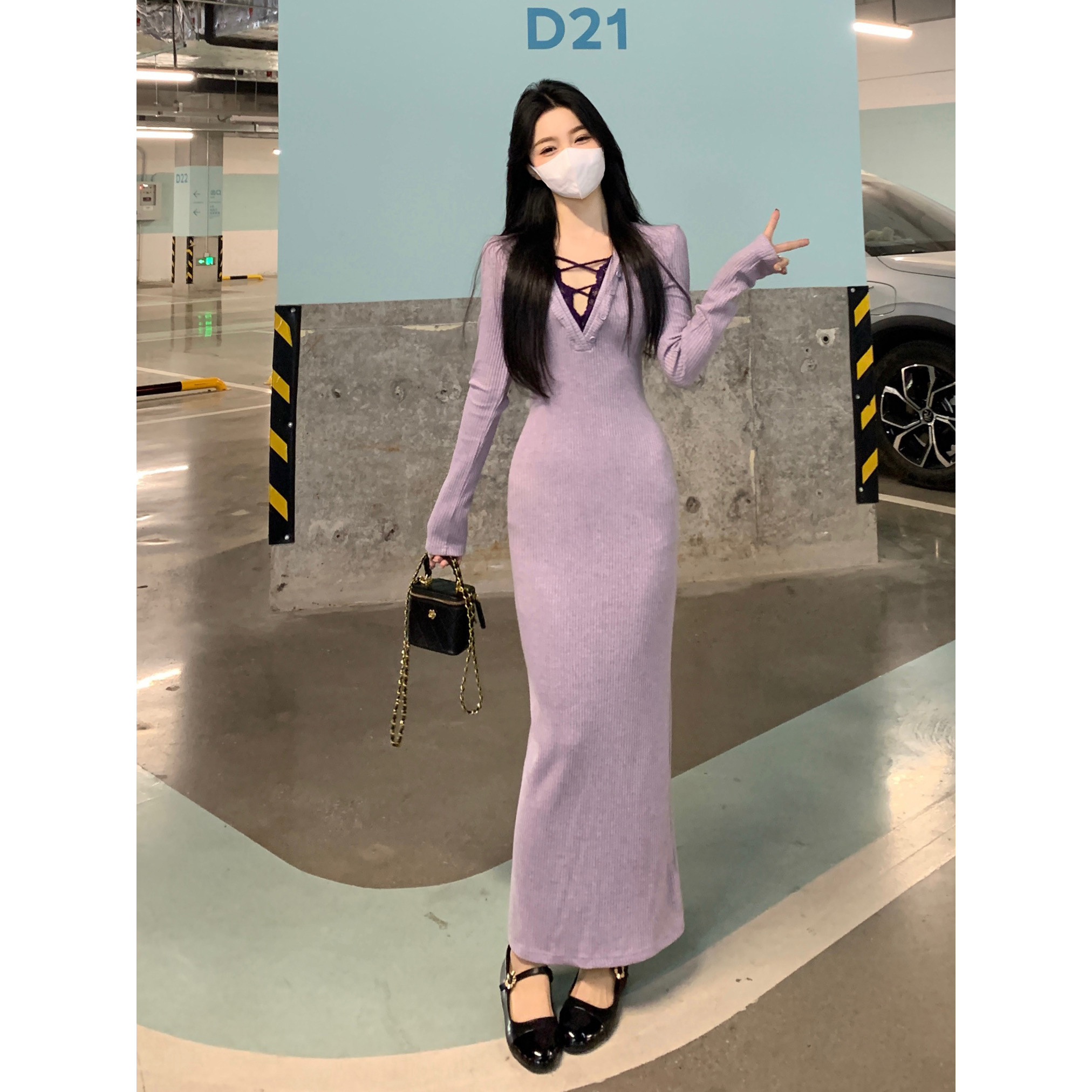 实拍 现货大码胖mm纯欲风针织修身连衣裙女2025年新款春季长裙