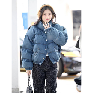 金智妮Jennie同款蓝色立领短款牛仔羽绒棉服女冬季面包服棉袄外套