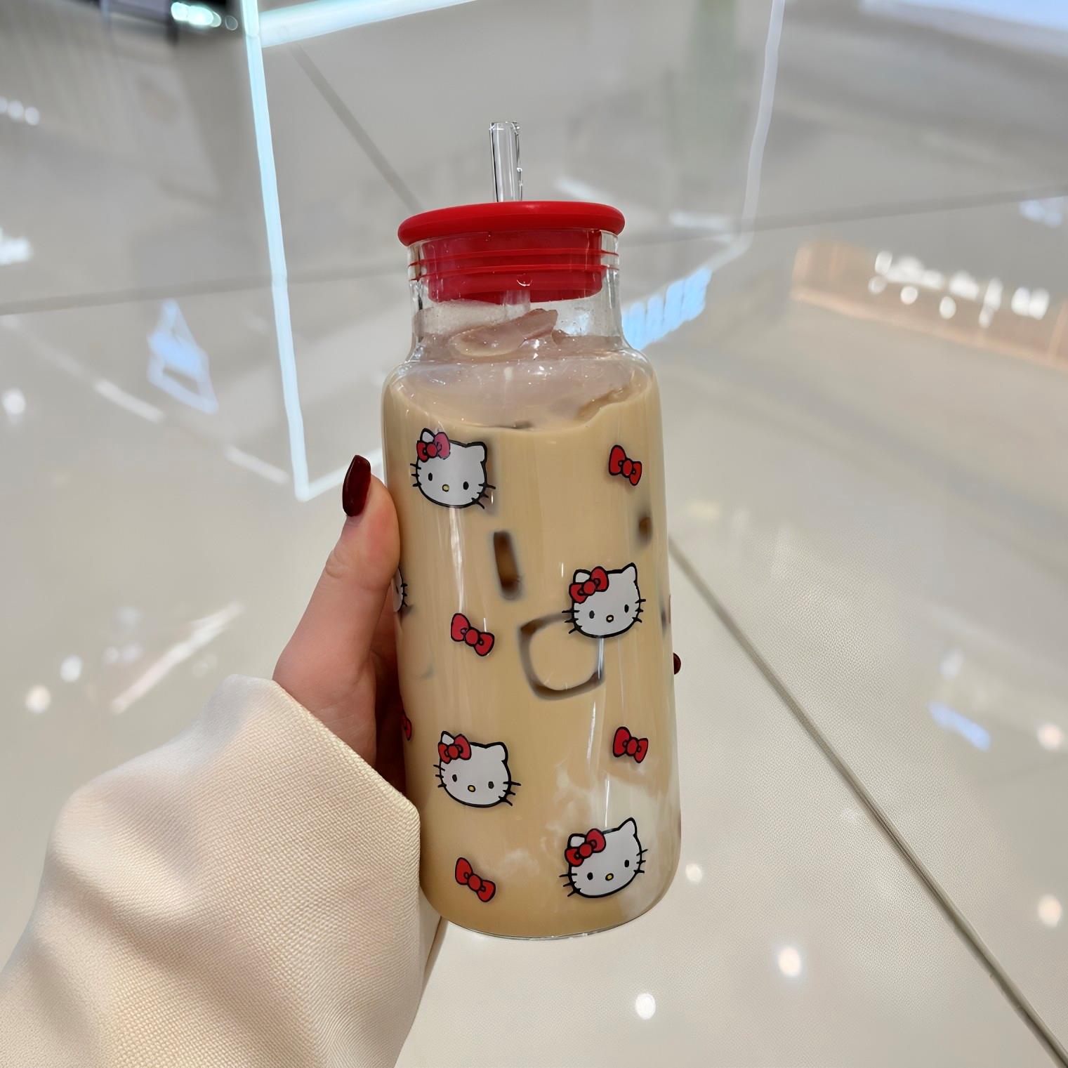 红色猫咪吸管玻璃杯可爱