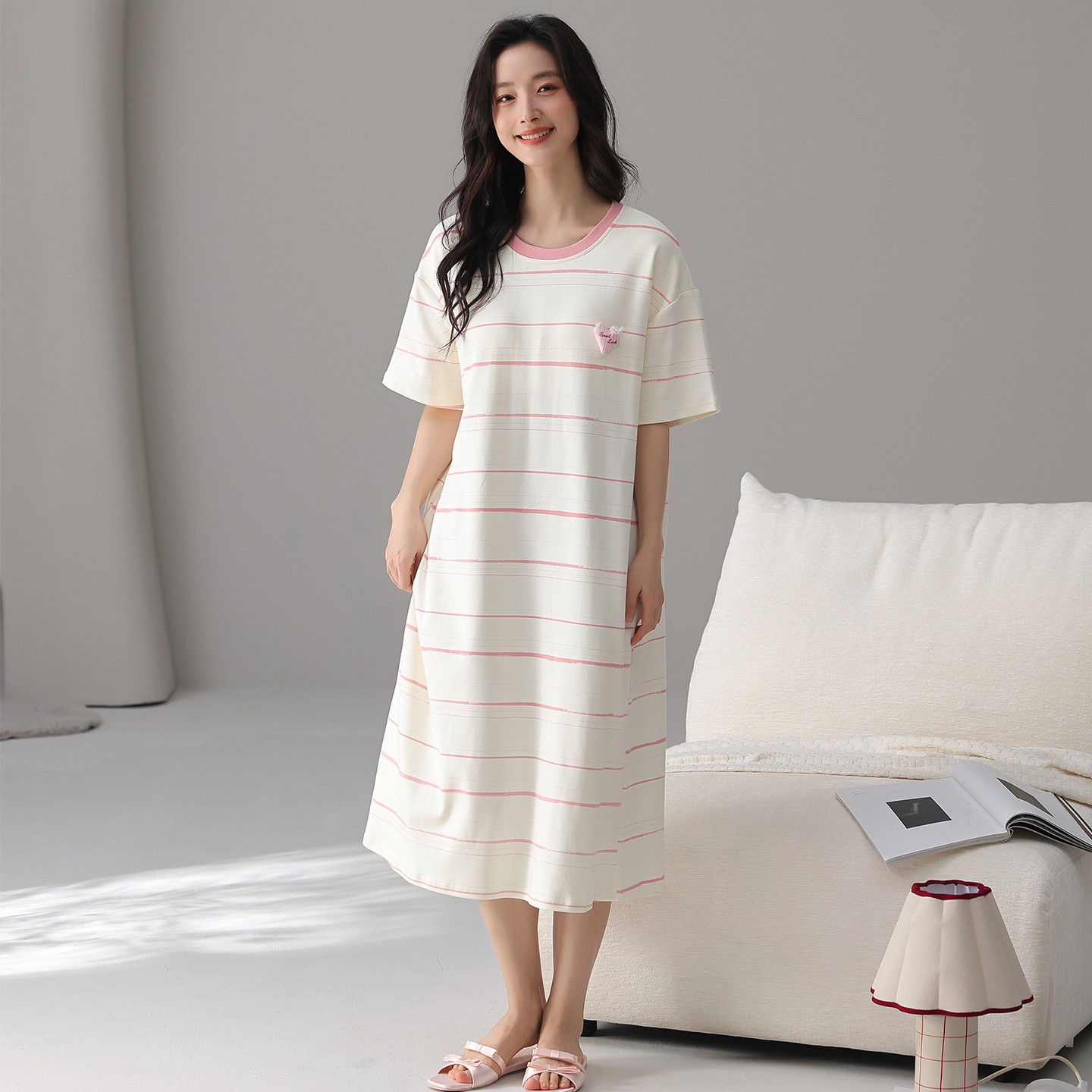 纯棉睡裙女夏季带胸垫短袖睡衣韩版休闲卡通女士可外穿家居服睡袍