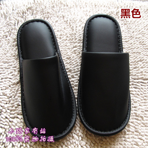 特价纯黑外贸仿真皮PU加厚按摩底家居室内静音防水大码男女拖鞋