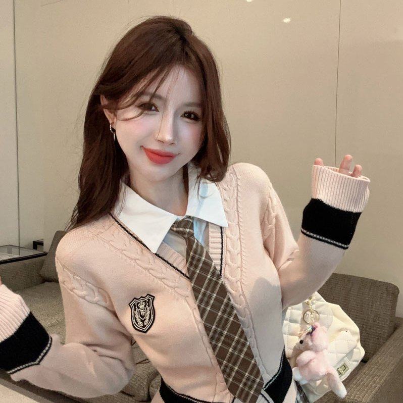 实拍实价 学院风jk针织衫秋冬季开衫外套假两件修身撞色拼接毛衣