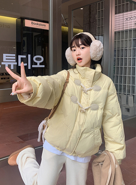 实拍2024年新款韩版牛角扣羽绒棉服女短款立领加厚棉袄冬季外套