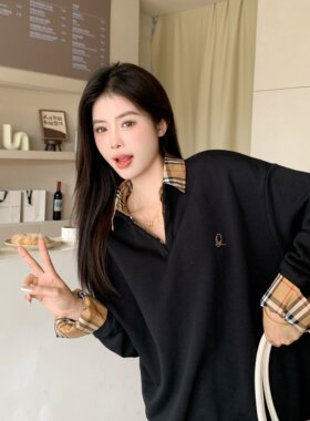 实拍～大码2024秋冬新款韩版复古格子拼接假两件菱格慵懒卫衣