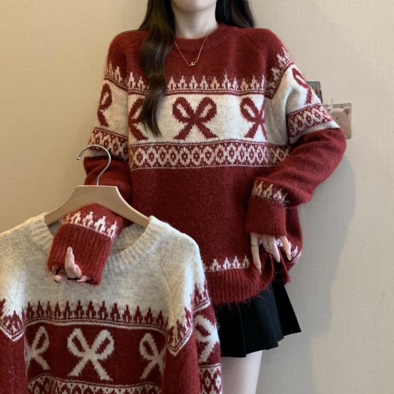 圣诞新年红色氛围感毛衣女秋冬大码胖mm蝴蝶结提花费尔岛针织上衣