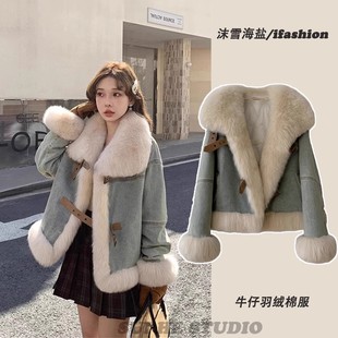 牛仔加厚羽绒服女外套2025入冬复古立领短款皮草白鸭绒棉衣派克服