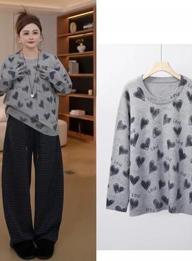 胖佳佳爱心毛衣 秋冬加厚时尚撞色圆领套头针织衫H625Z18342