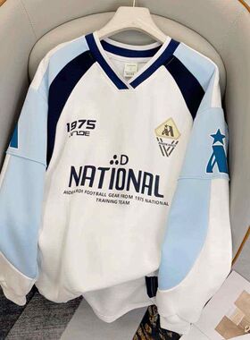 原版面料/84聚酯纤维16氨纶/后包领美式运动球衣风长袖t恤女