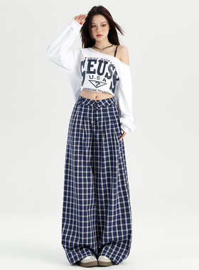 2024年秋季新款赵露思同款高腰休闲宽松阔腿裤慵懒显瘦格纹拖地裤