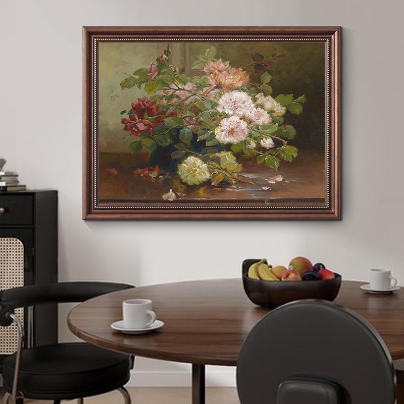 岁月凝香】美式横幅餐厅装饰画过道走廊油画复古挂画牡丹卧室壁画图片