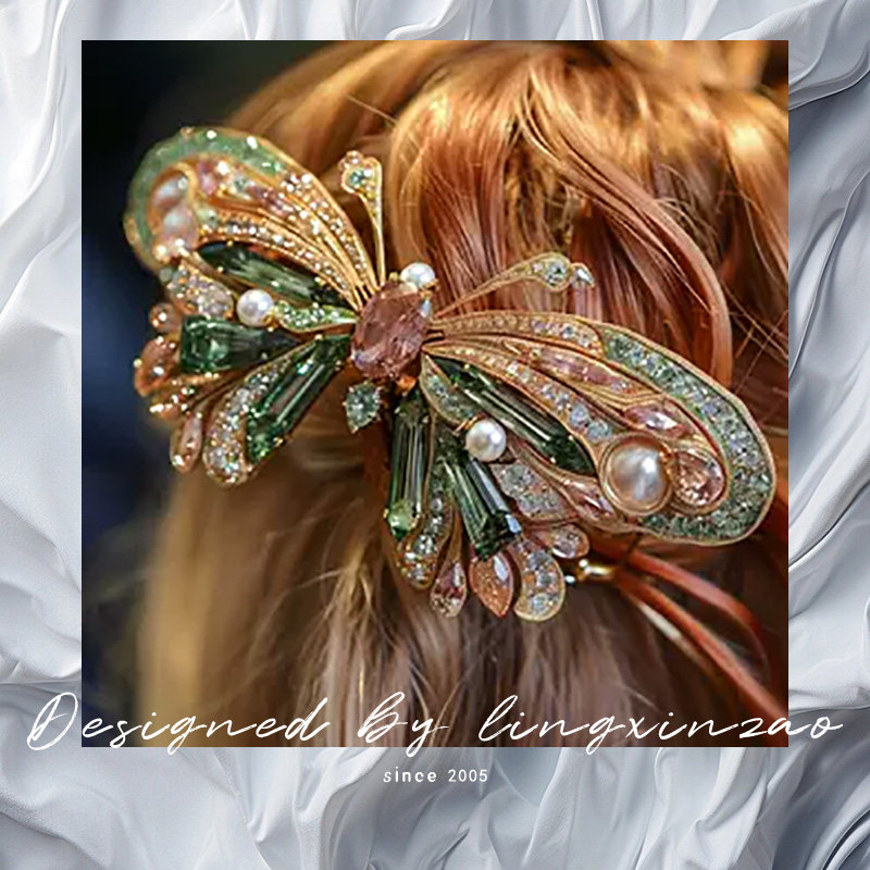灵心珠宝 绿蝴蝶发钗 祖母绿锆石满钻 镀18K真金 欧美外贸爆款