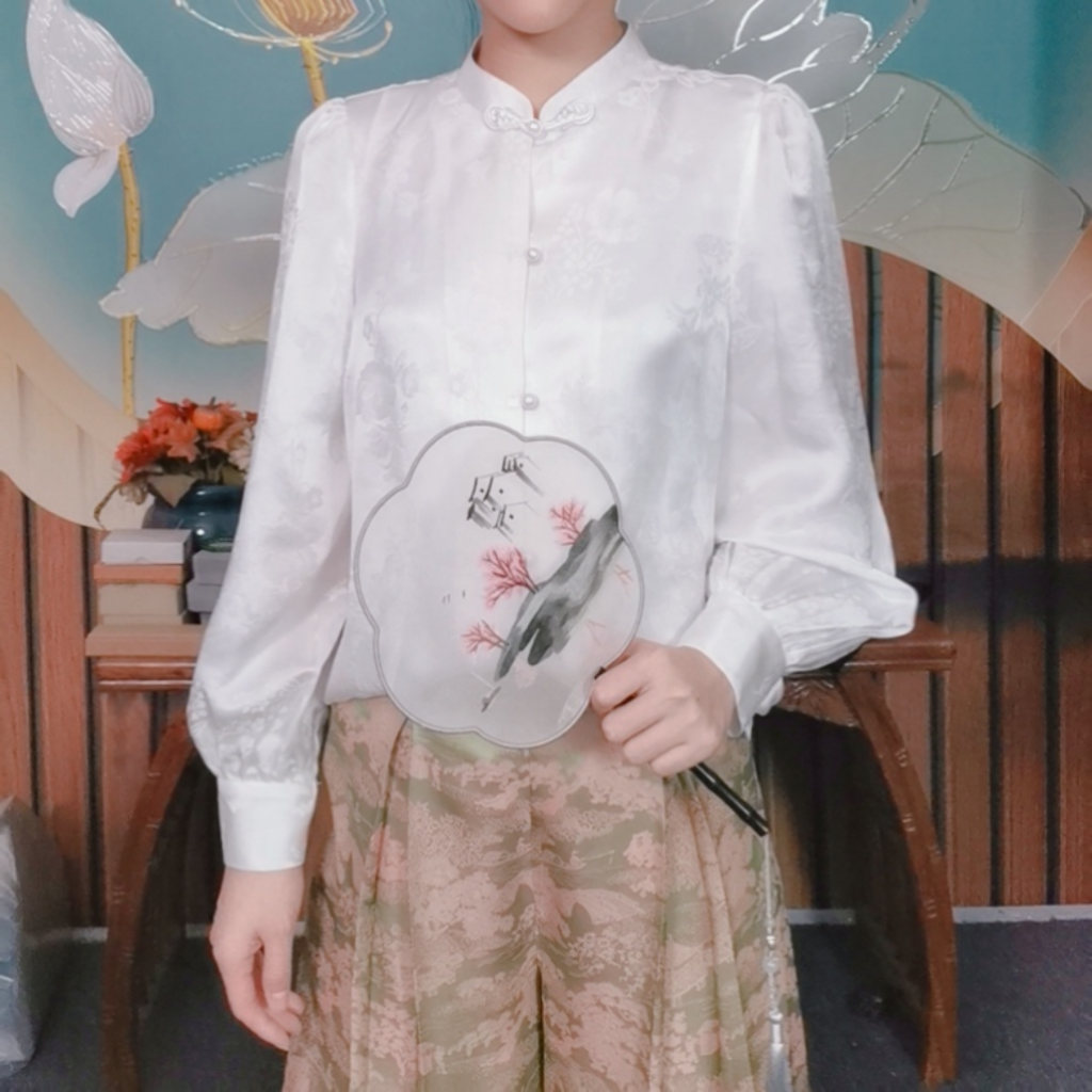 华族经典浅末年华真丝花罗旗袍上衣白色休闲显瘦女士唐装衬衫春秋