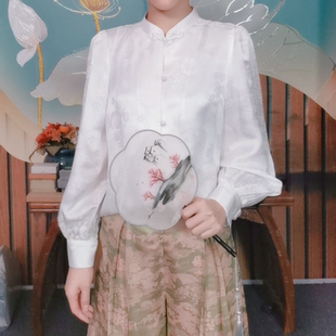 华族经典浅末年华真丝花罗旗袍上衣白色休闲显瘦女士唐装衬衫春秋