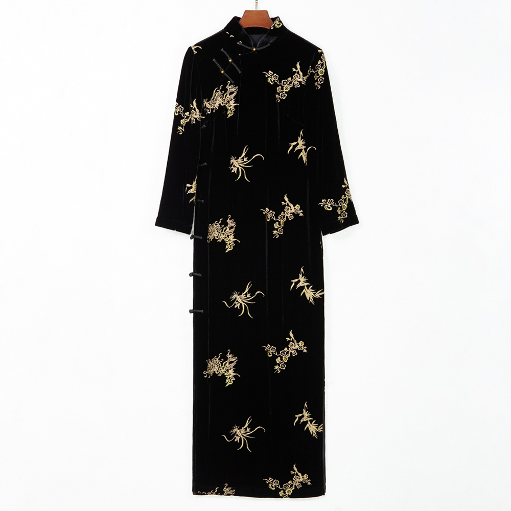 华族经典旗袍女新中式真丝丝绒