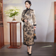 华族经典 花儿微重缎真丝桑蚕丝香云纱夹棉旗袍加厚显瘦保暖长款