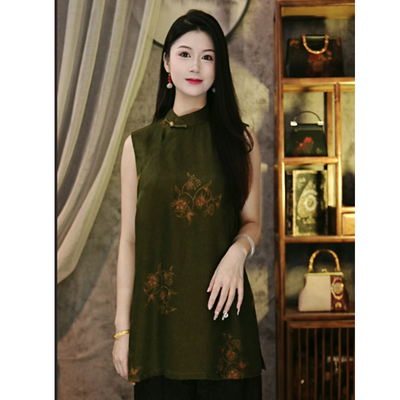 华族经典唐装女中长款绿色无袖