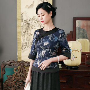 新款 旗袍上衣女夏款 唐装 改良圆领日常复古短袖 上衣女时尚 华族经典