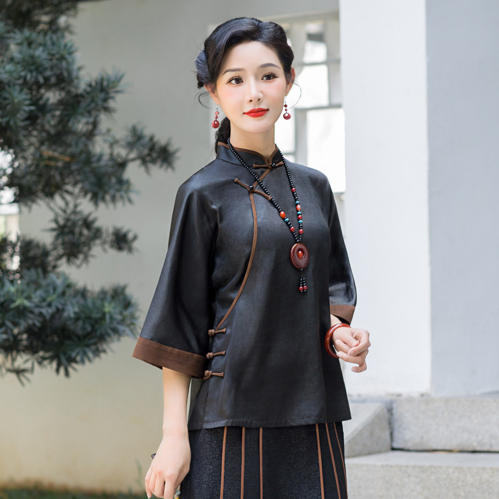 华族经典唐装女上衣真丝香云纱开襟日常优雅民国风中式服装250401